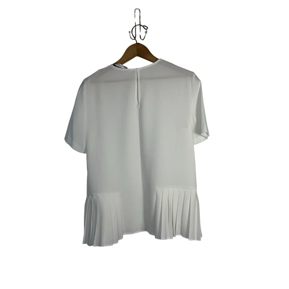 Zara Women Round Neck Pleated Hem Short Sleeve Blouse Top White Sz XS